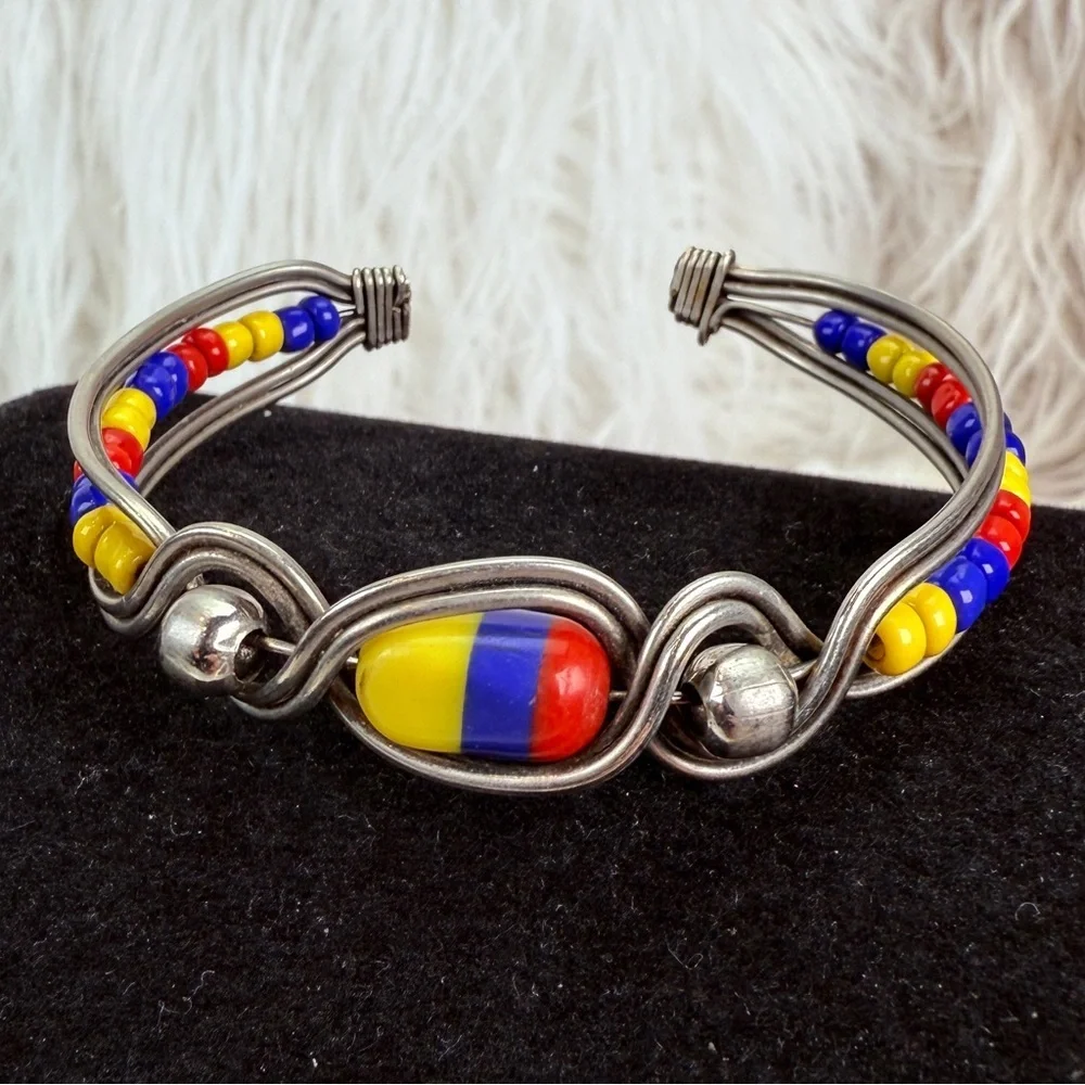Vintage Silvertone, colorful costume, small cuff bracelet